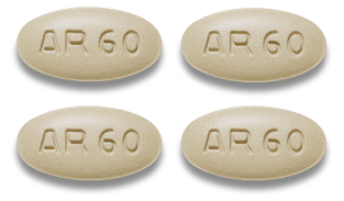 Four ERLEADA 60 mg tablets marked with AR 60